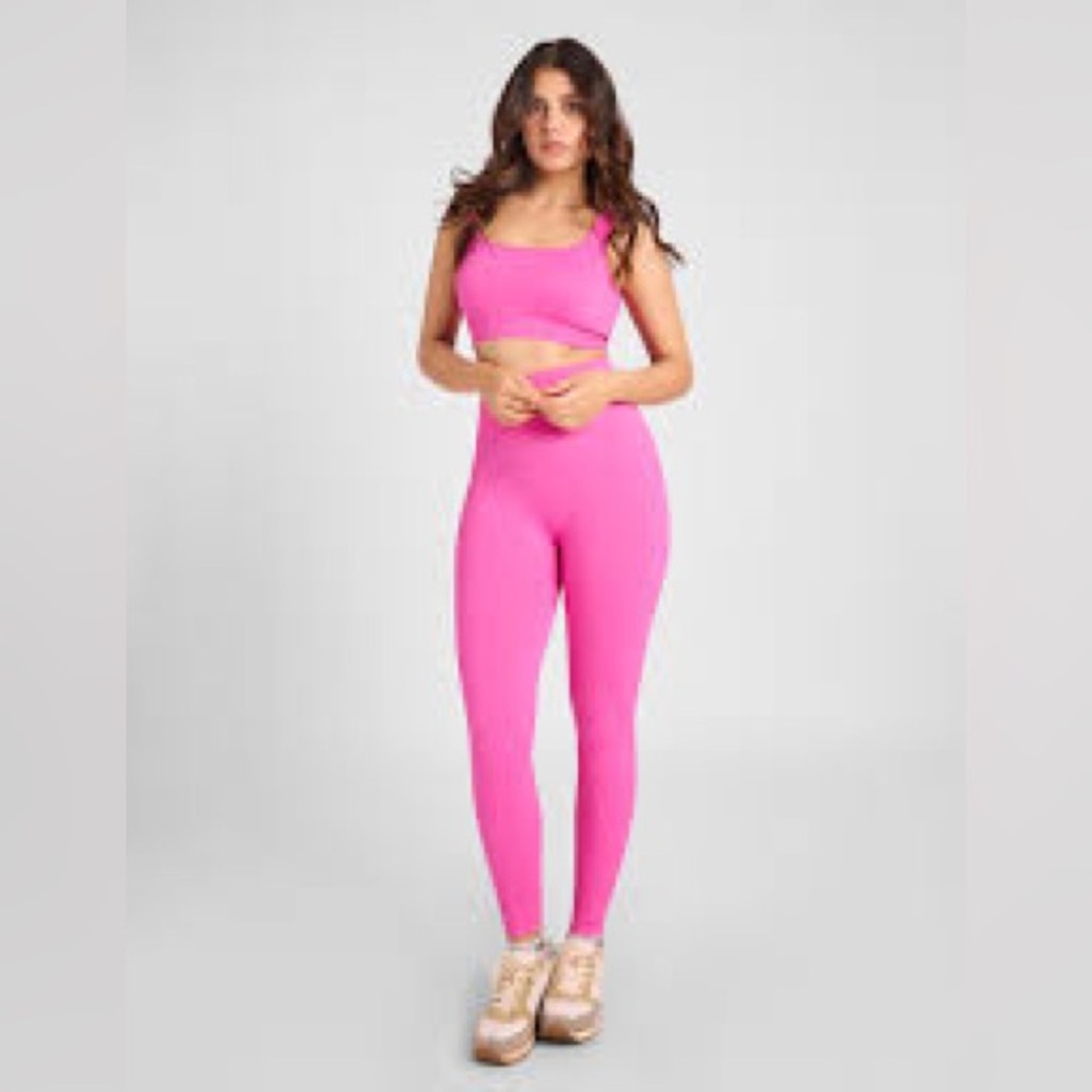 Pink Ribbed Bright Pink High-Waist Leggings with Sports Bra Sz Medium